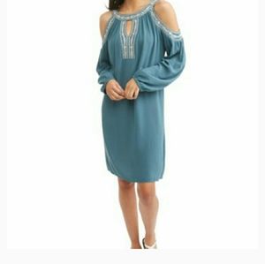Cold Shoulder Teal Embroidered Boho Dress